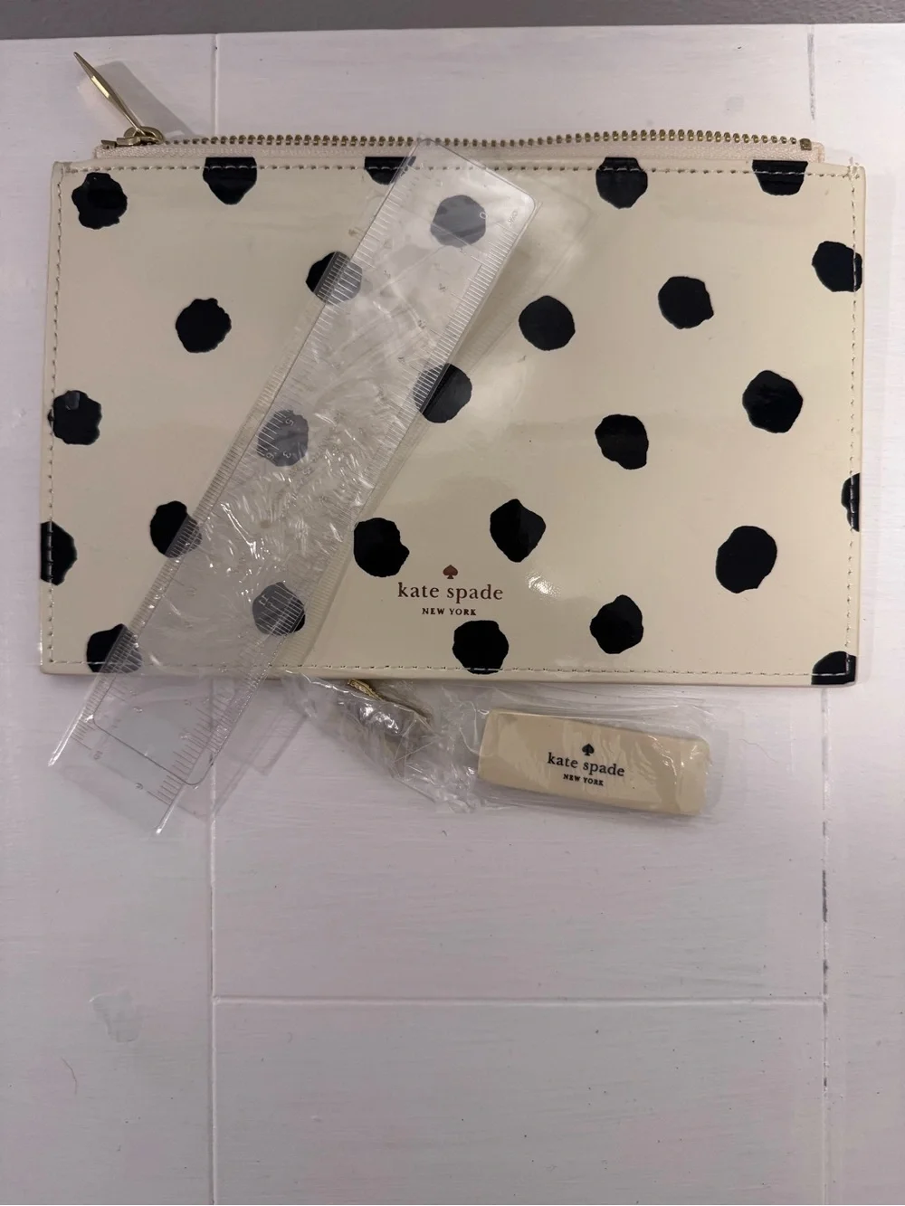 kate spade Cream and Black Polka Dot Zip Pouch Wristlet